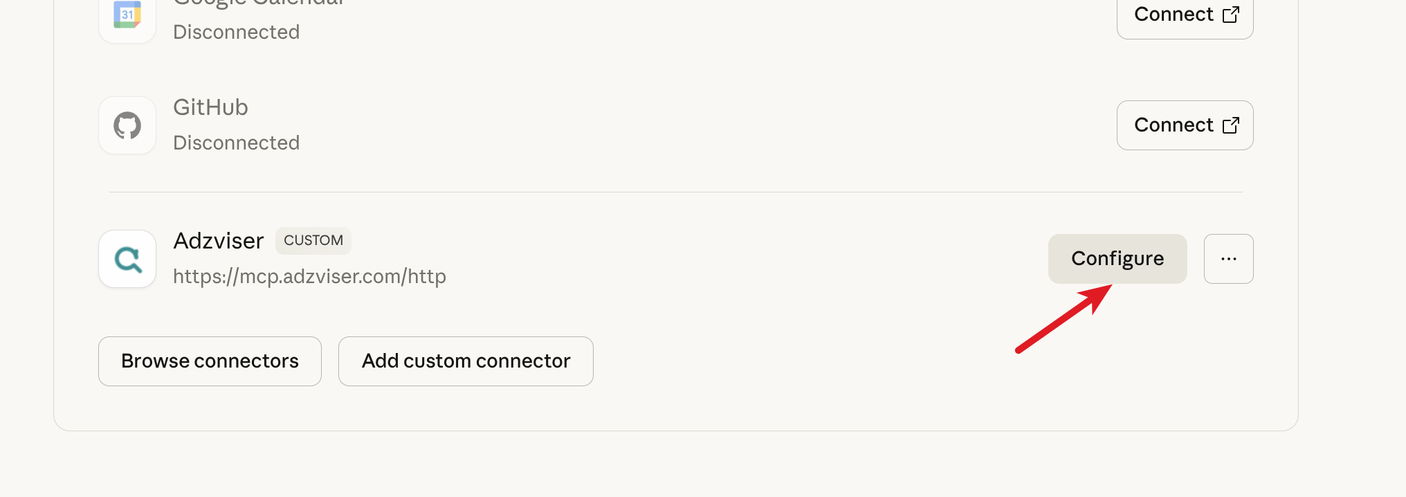 Configure connectors on Adzviser Remote MCP server