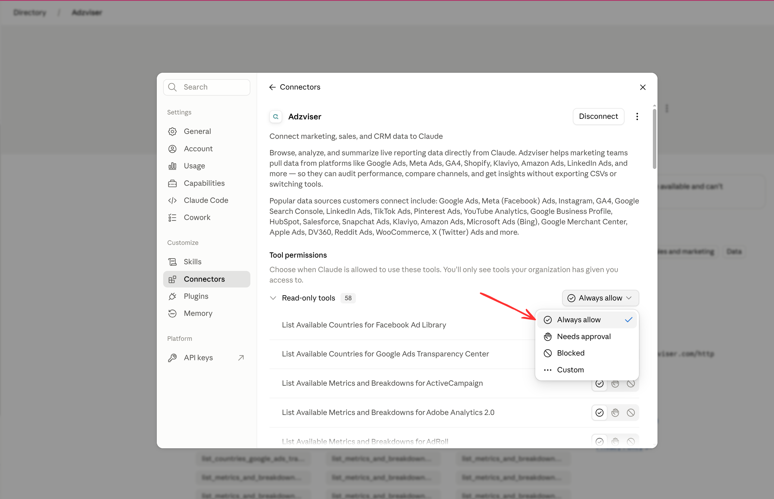 Approve all tool permissions for Adzviser Remote MCP server