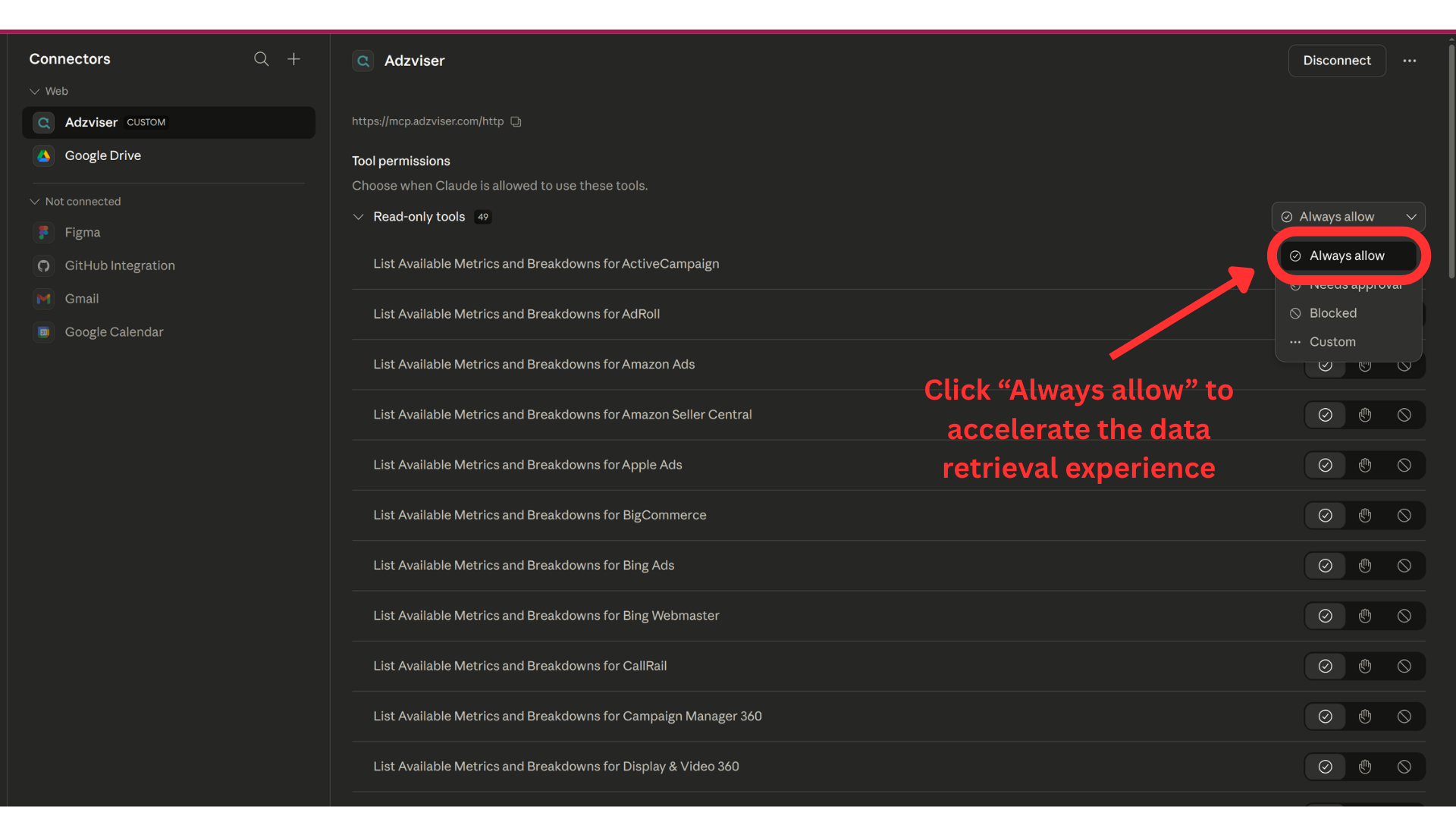 Approve all tool permissions for Adzviser Remote MCP server