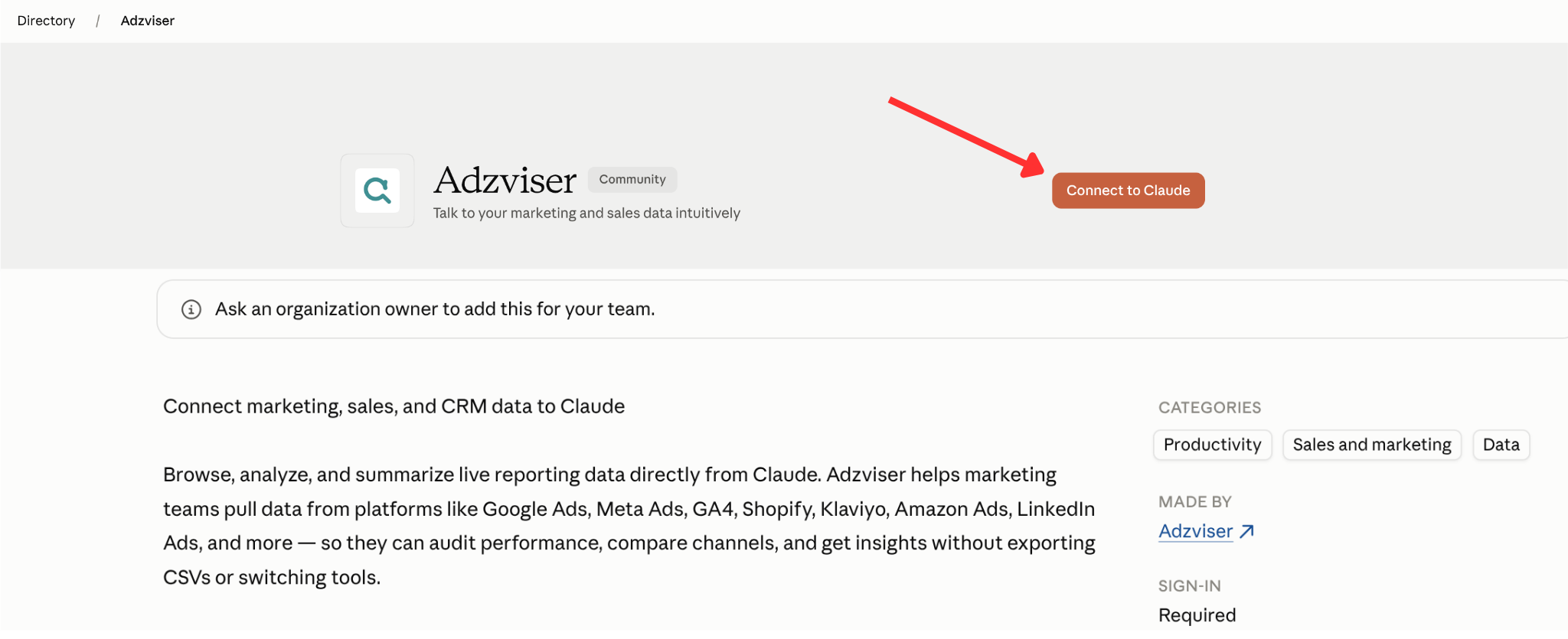 Connect the Adzviser community connector to Claude