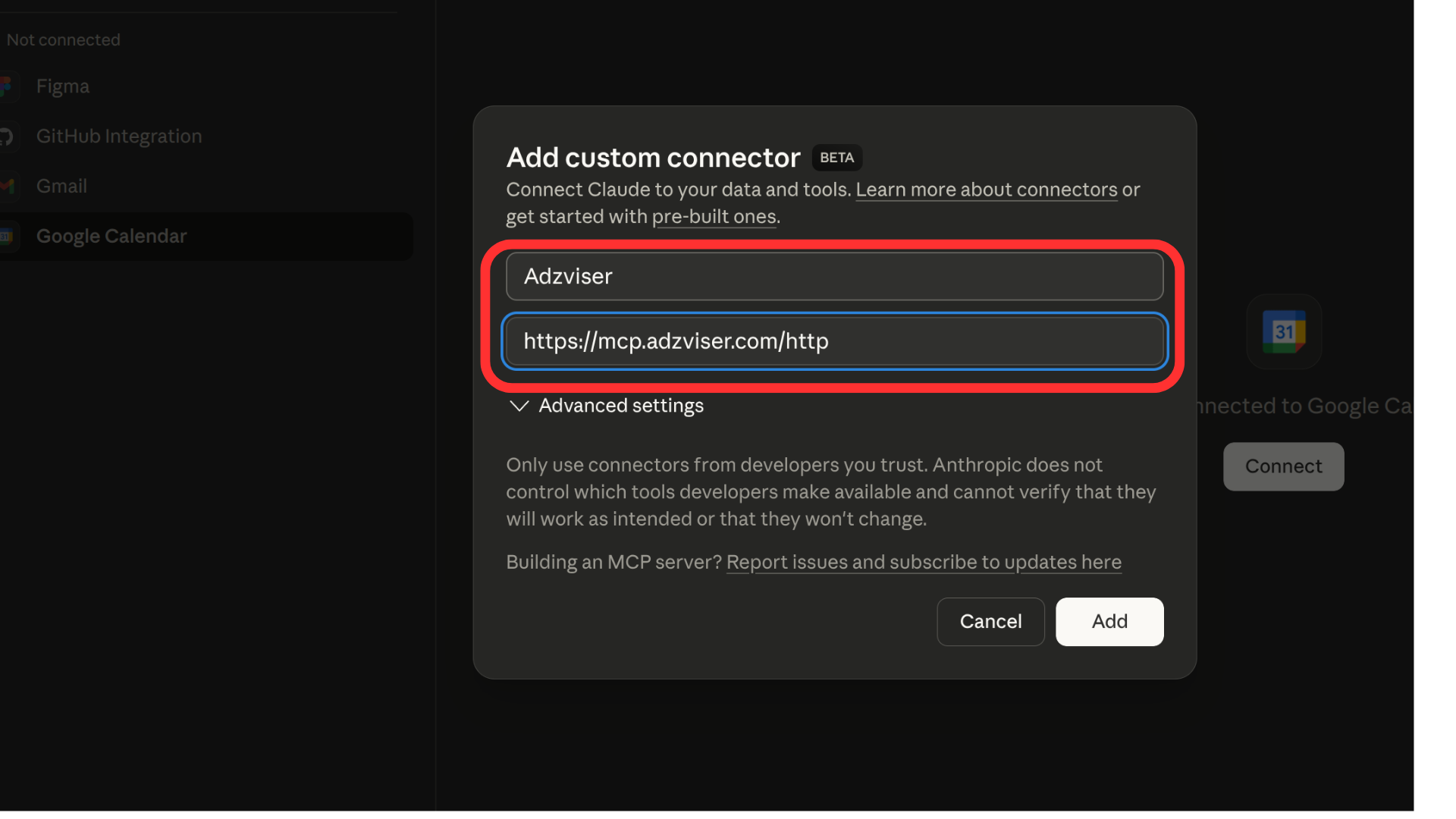 Enter Adzviser Remote Server URL