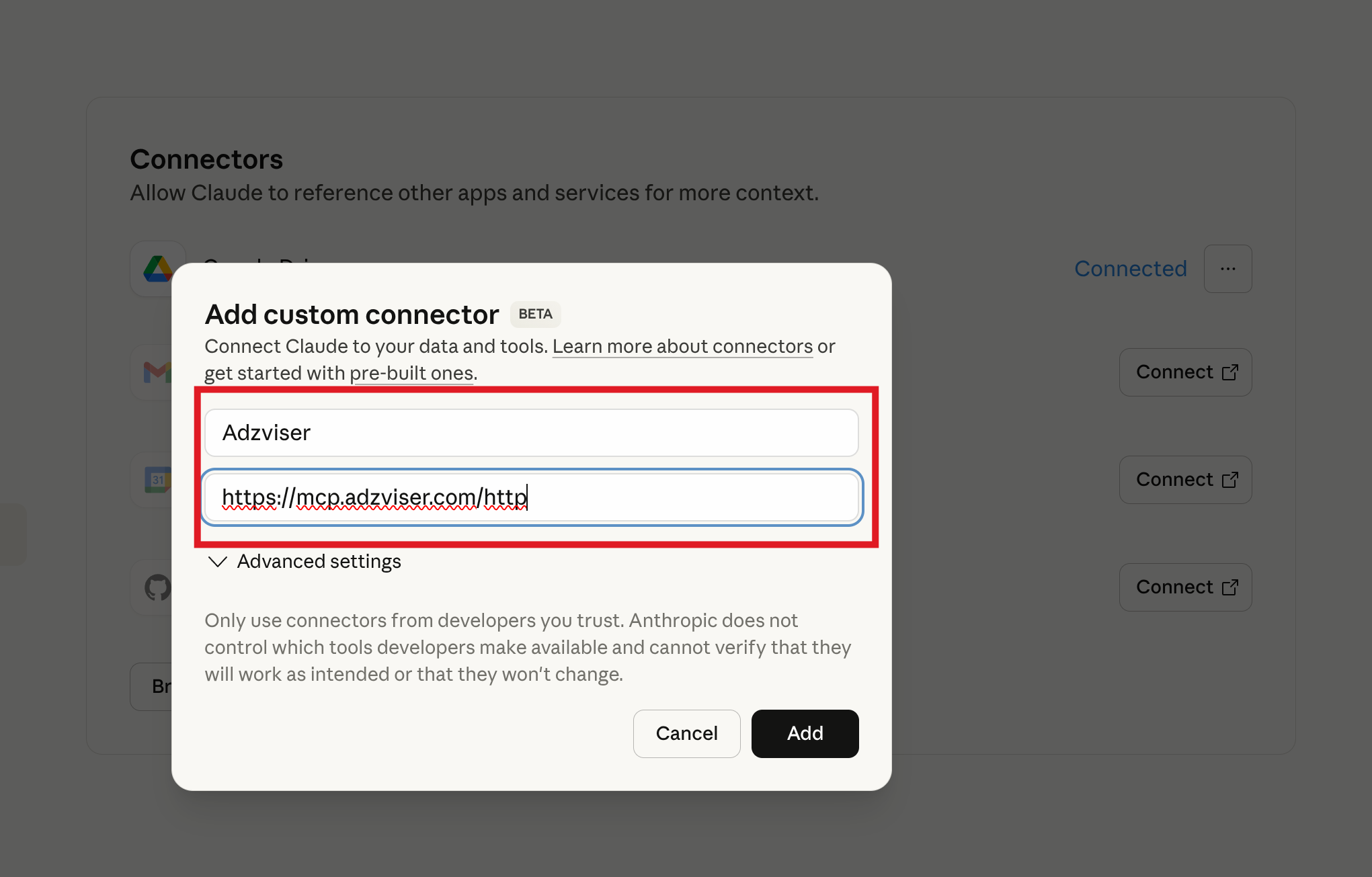 Enter Adzviser Remote Server URL