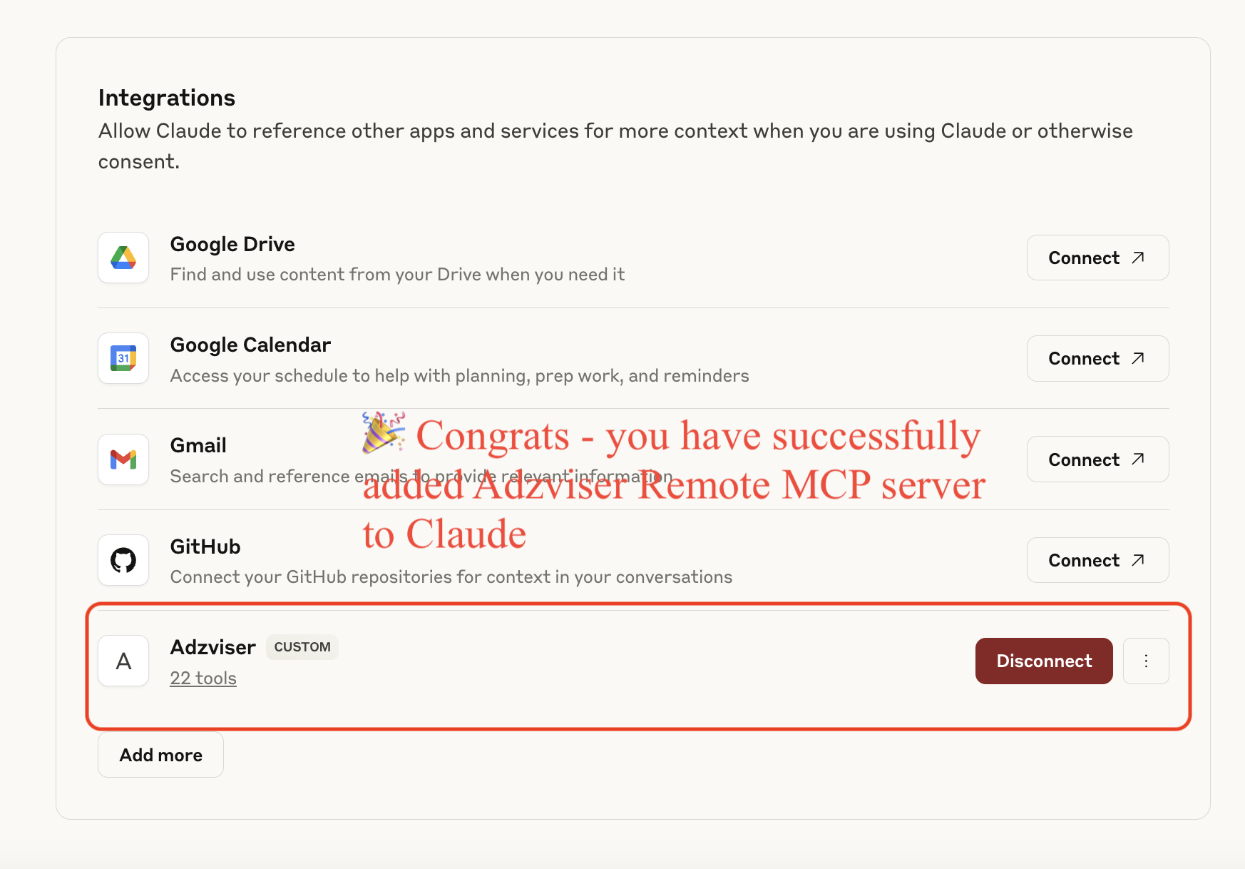 You have successfully added Adzviser Remote MCP server to Claude