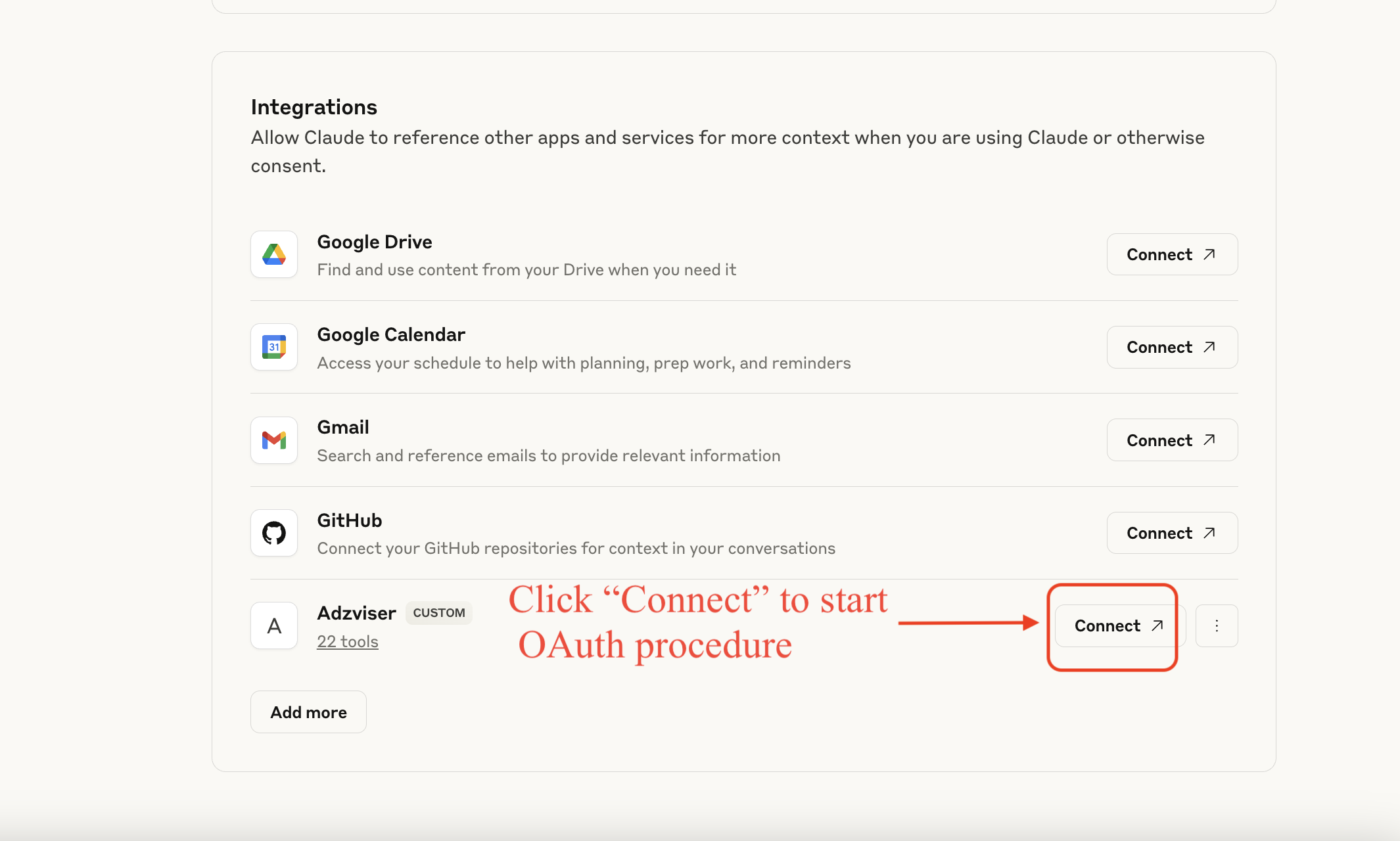 Start OAuth Procedure with Adzviser from Claude.ai