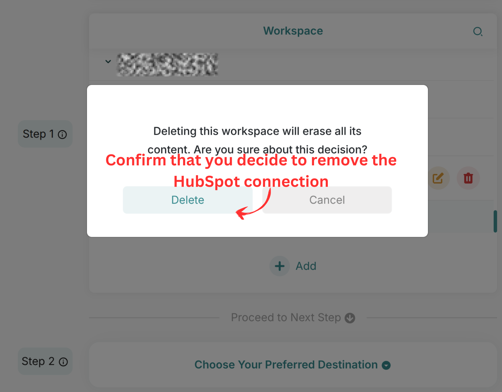 Confirm Deletion of HubSpot Connection Image