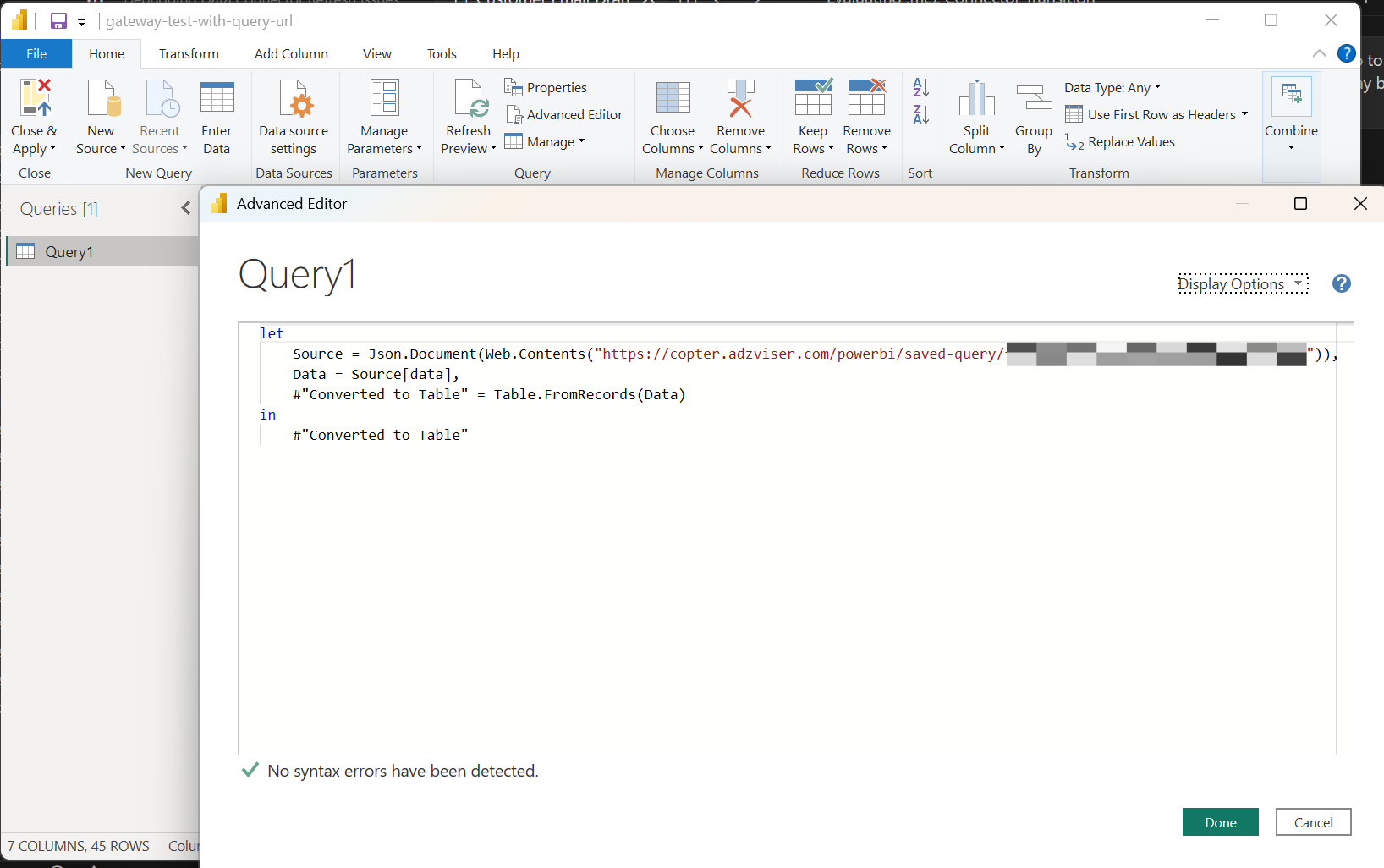 Paste the M code in Power BI Advanced Editor