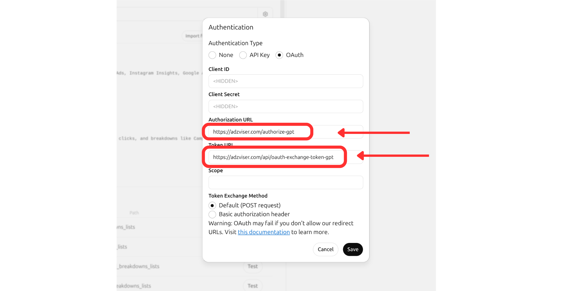 Enter Authorization and Token URLs Image