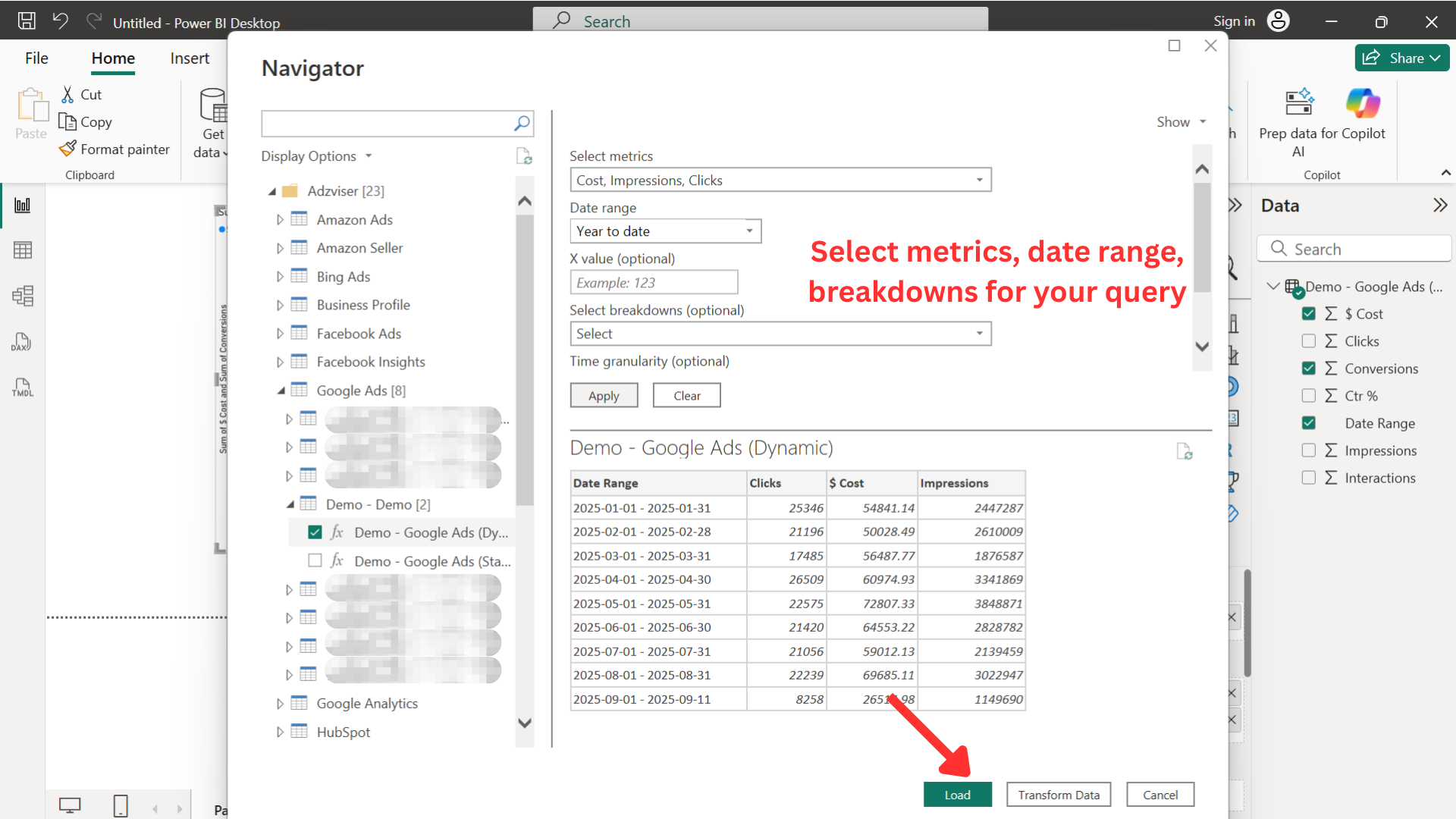 Select metrics, breakdowns and date range in Power BI