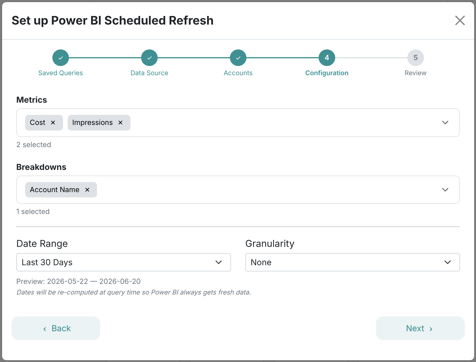 Set up Power BI Scheduled Refresh wizard in Adzviser