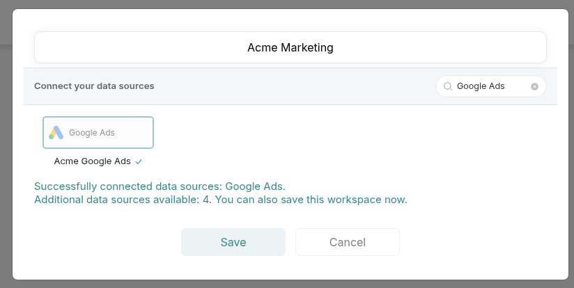 Acme Marketing workspace with Acme Google Ads connected and the Save button available
