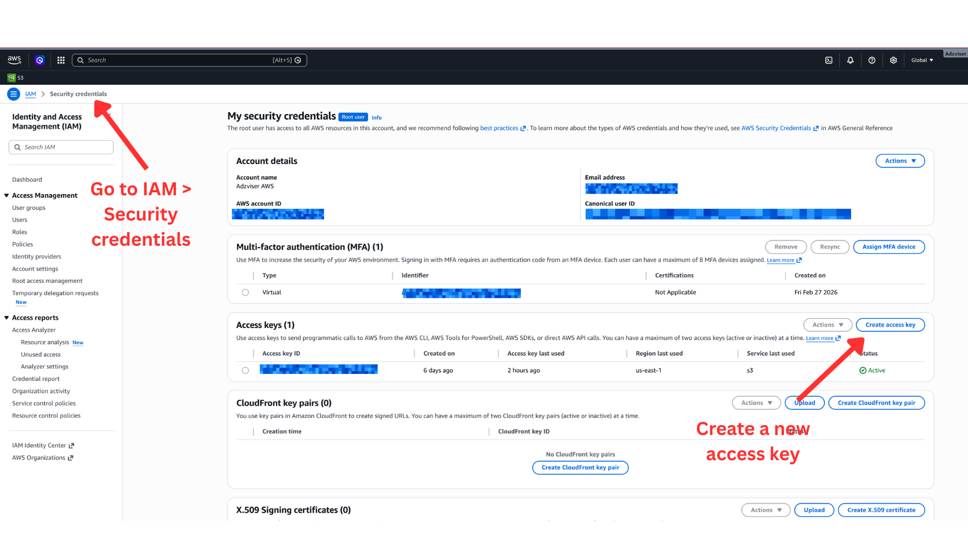 Create a new access key in AWS IAM Security credentials