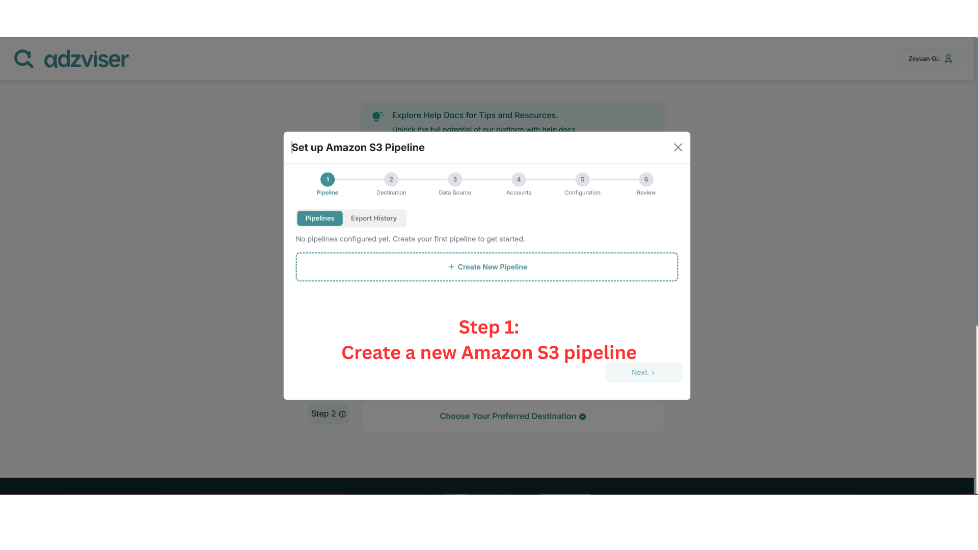 Create a new Amazon S3 pipeline in Adzviser