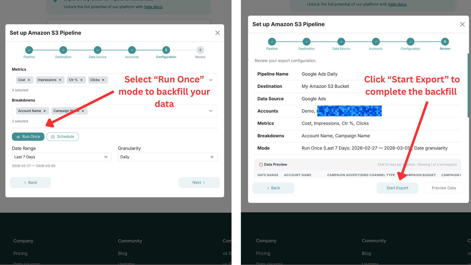 Configure Run Once mode to backfill historical data to S3