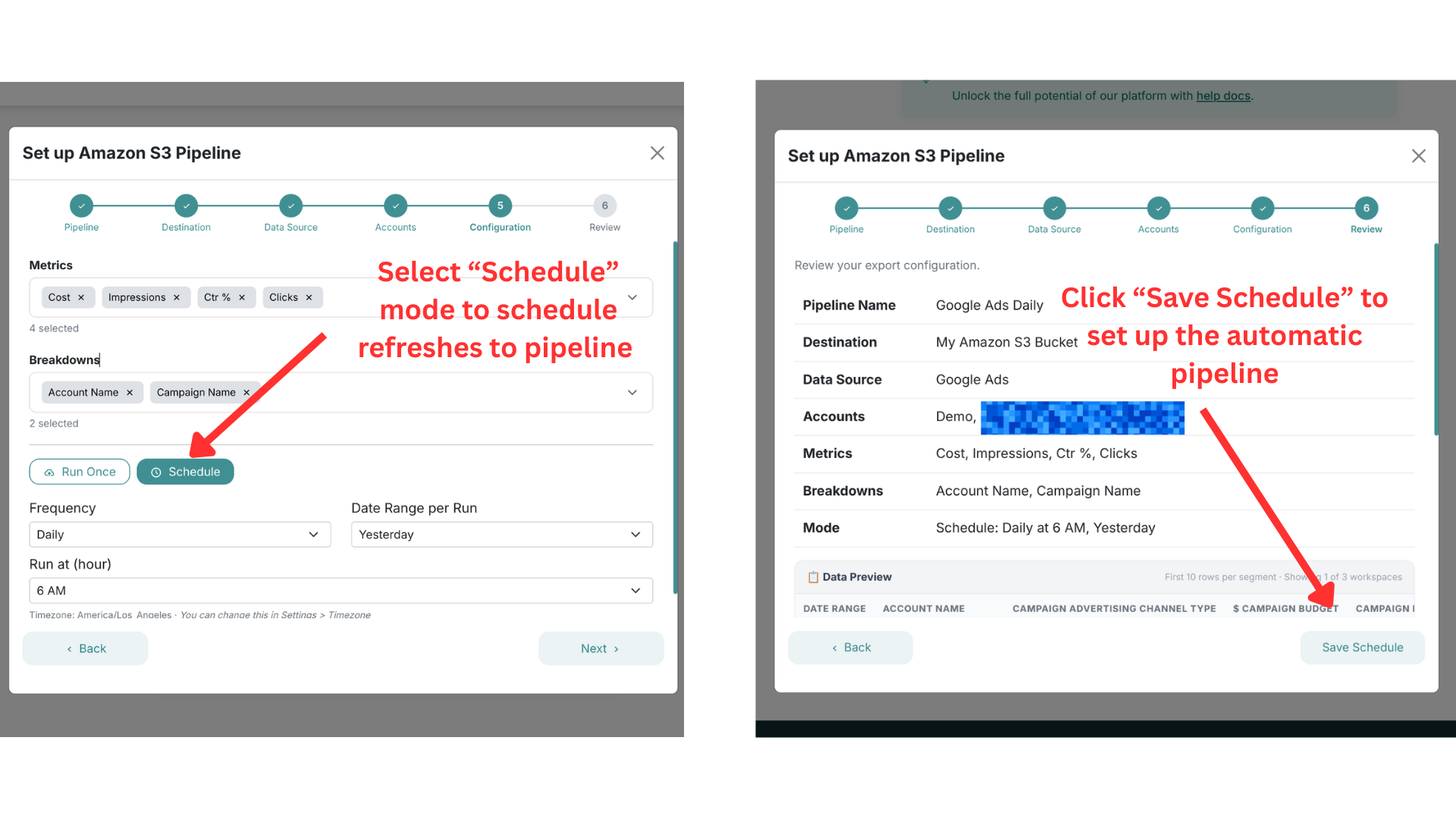 Configure Schedule mode for automatic recurring exports to S3