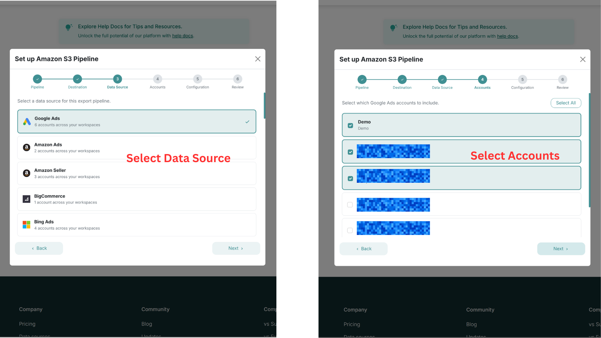 Select your data source and accounts for the S3 export pipeline