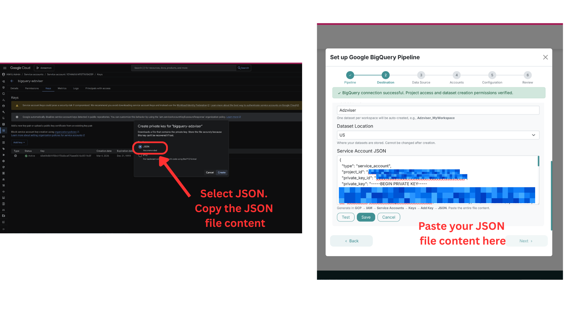 Copy your GCP service account JSON key and paste it into the Adzviser setup form