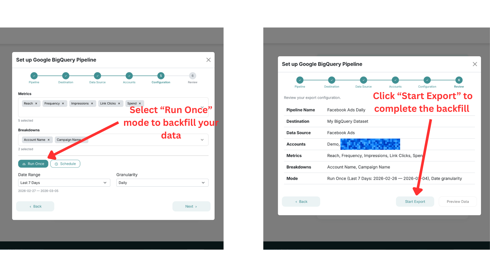 Configure Run Once mode to backfill historical data to BigQuery