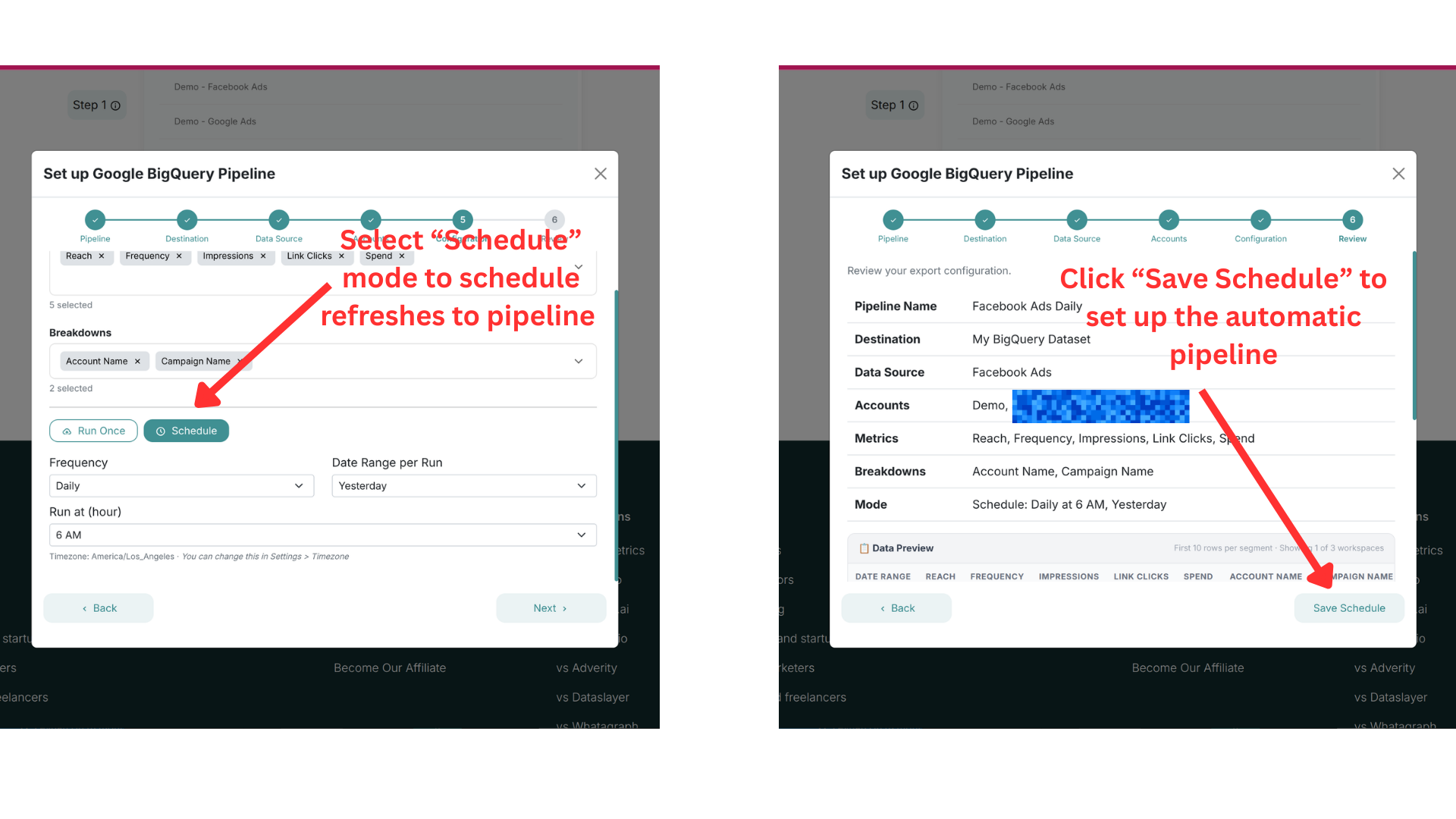 Configure Schedule mode for automatic recurring exports to BigQuery