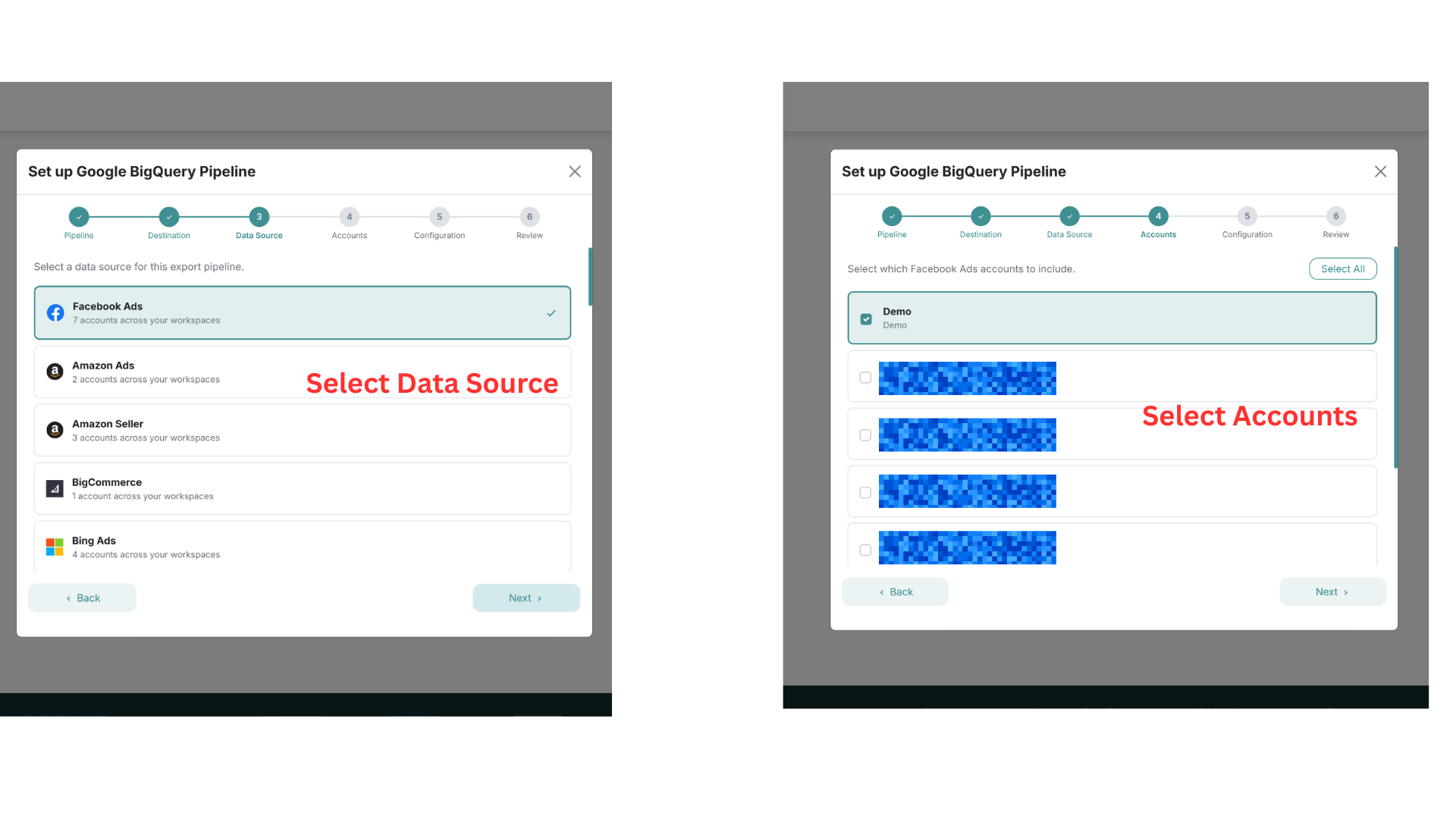 Select your data source and accounts for the BigQuery export pipeline