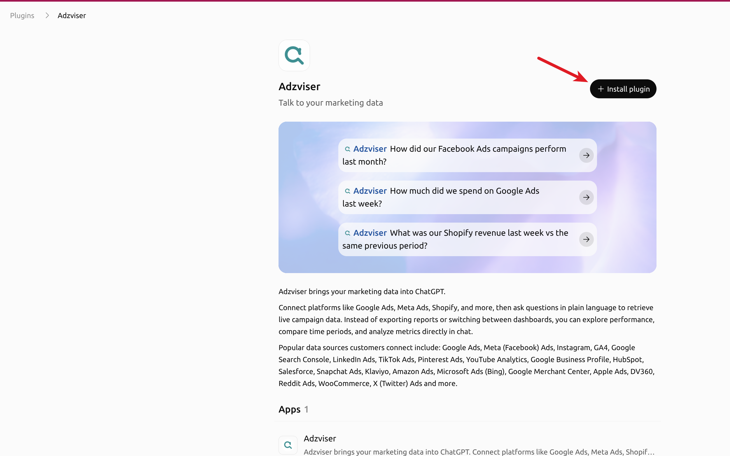 Adzviser listing in ChatGPT's plugin directory, with a red arrow pointing to the Install plugin button