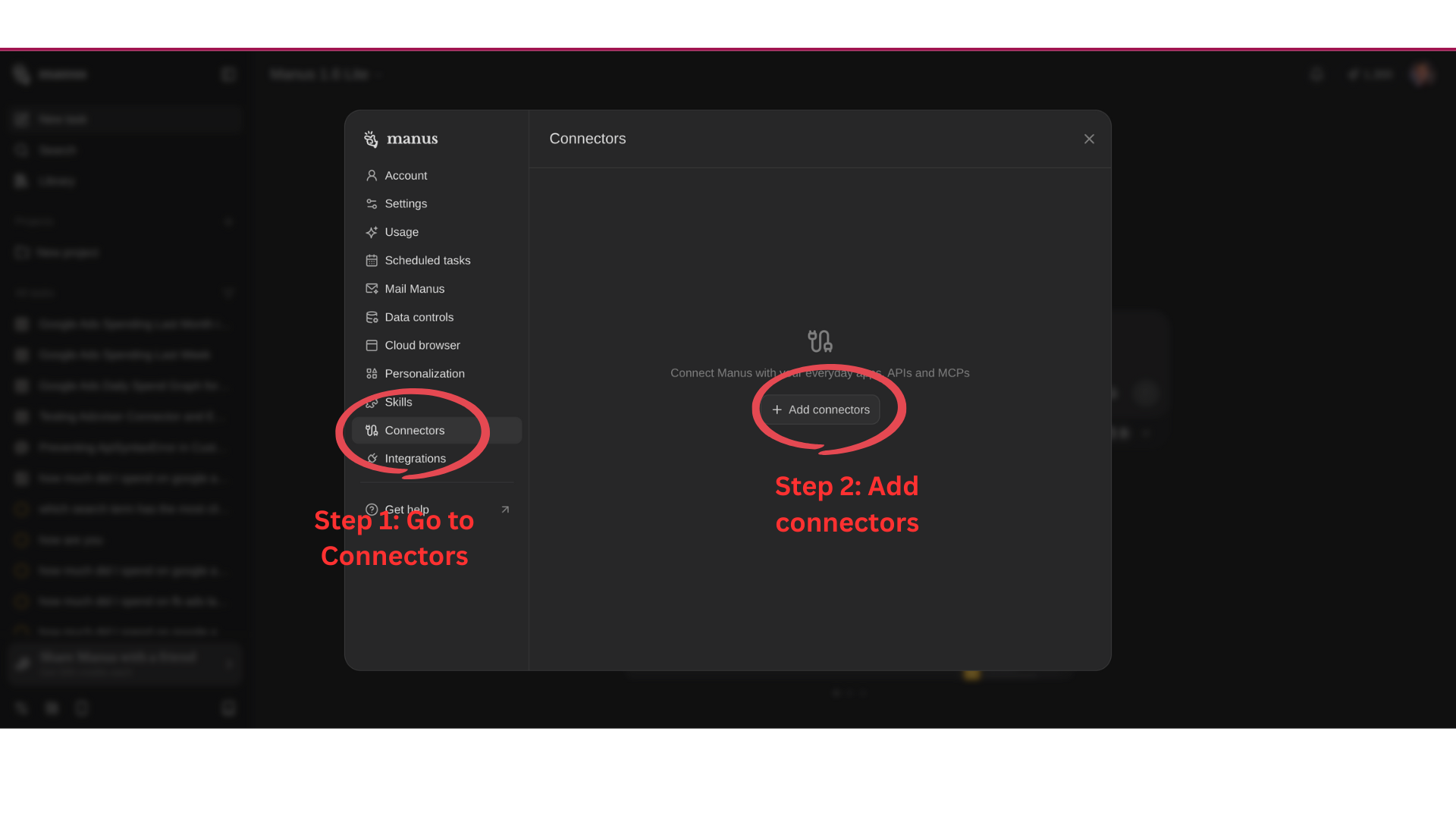 Navigate to add a connector in Manus