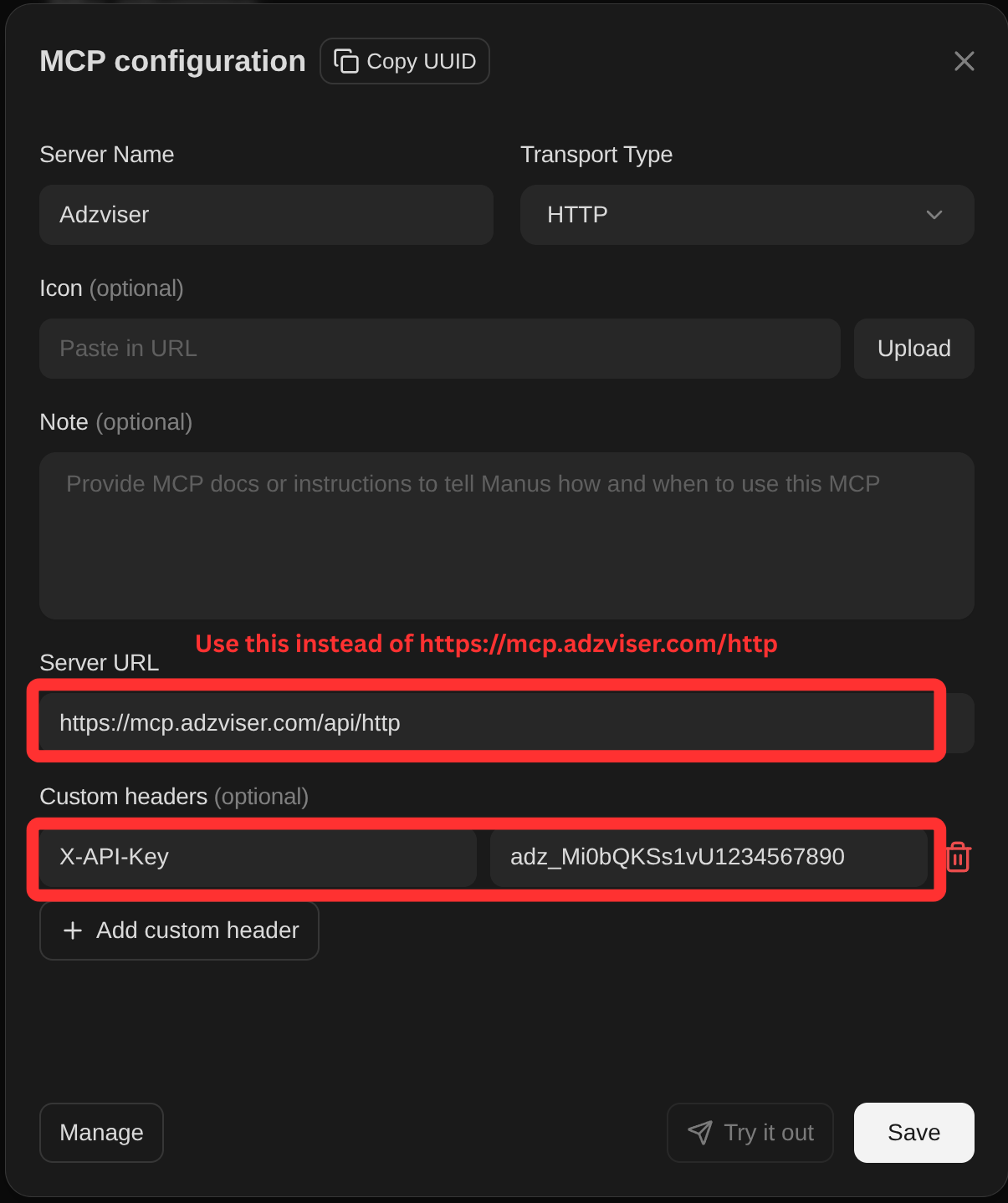 Manus connector settings with API key authentication