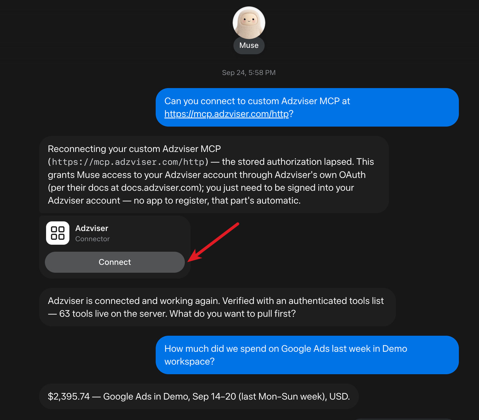 Muse conversation showing the Adzviser MCP URL and a red arrow pointing to Connect on the Adzviser connector card