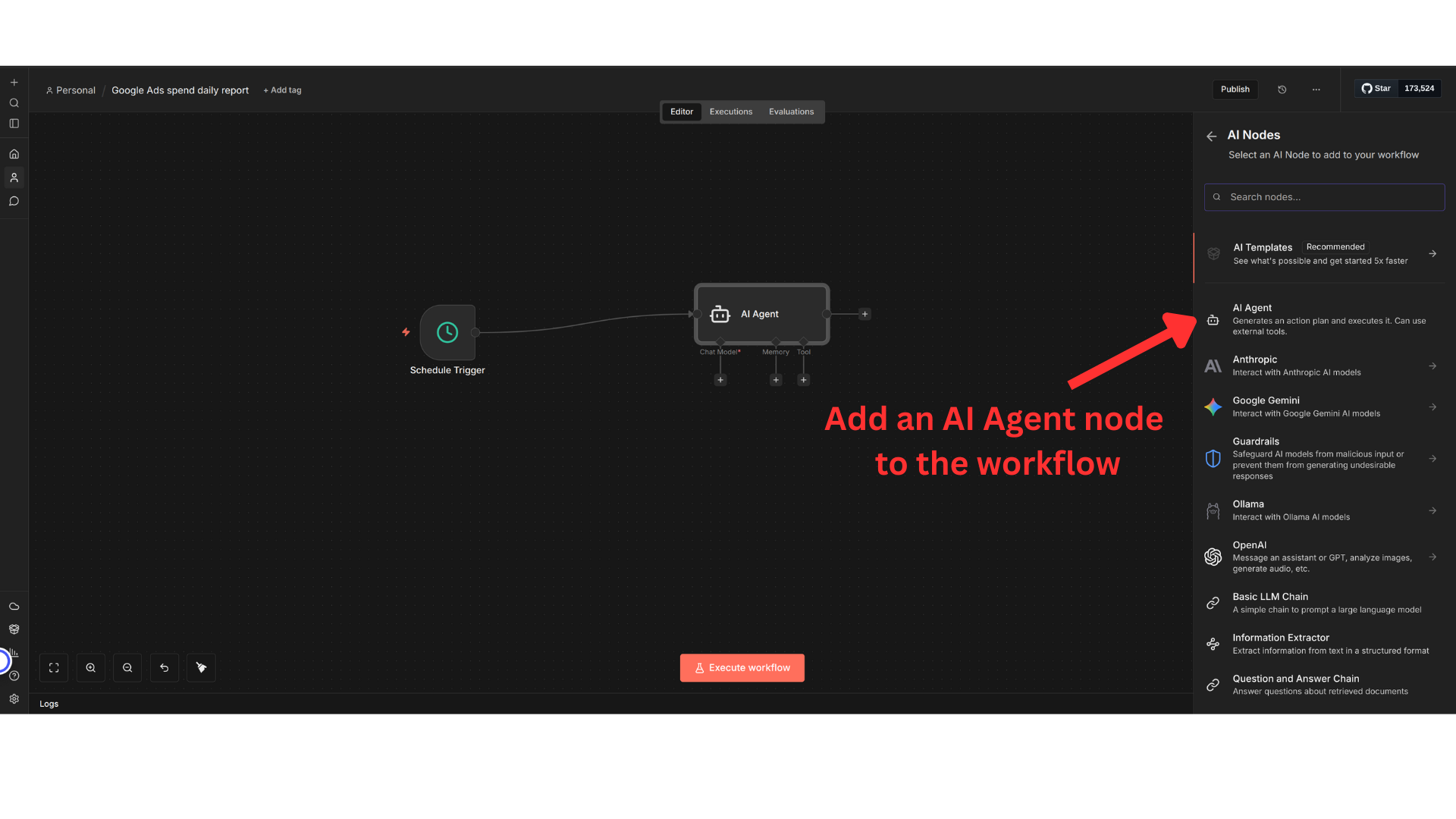 Add AI Agent node to your n8n workflow