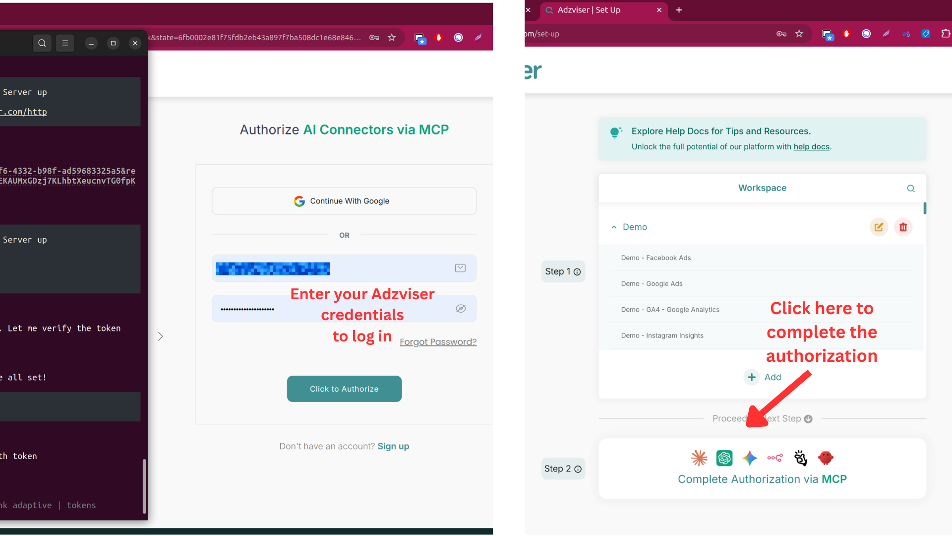 Enter your Adzviser credentials and complete the MCP authorization
