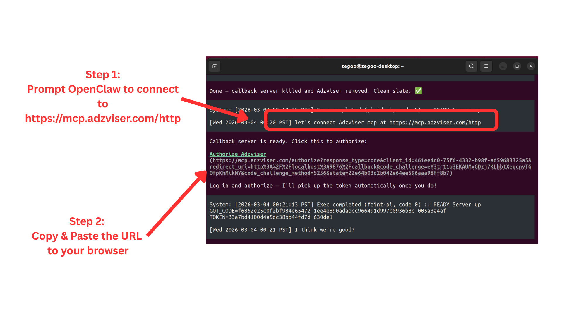 Prompt OpenClaw to connect to Adzviser MCP and copy the authorization URL