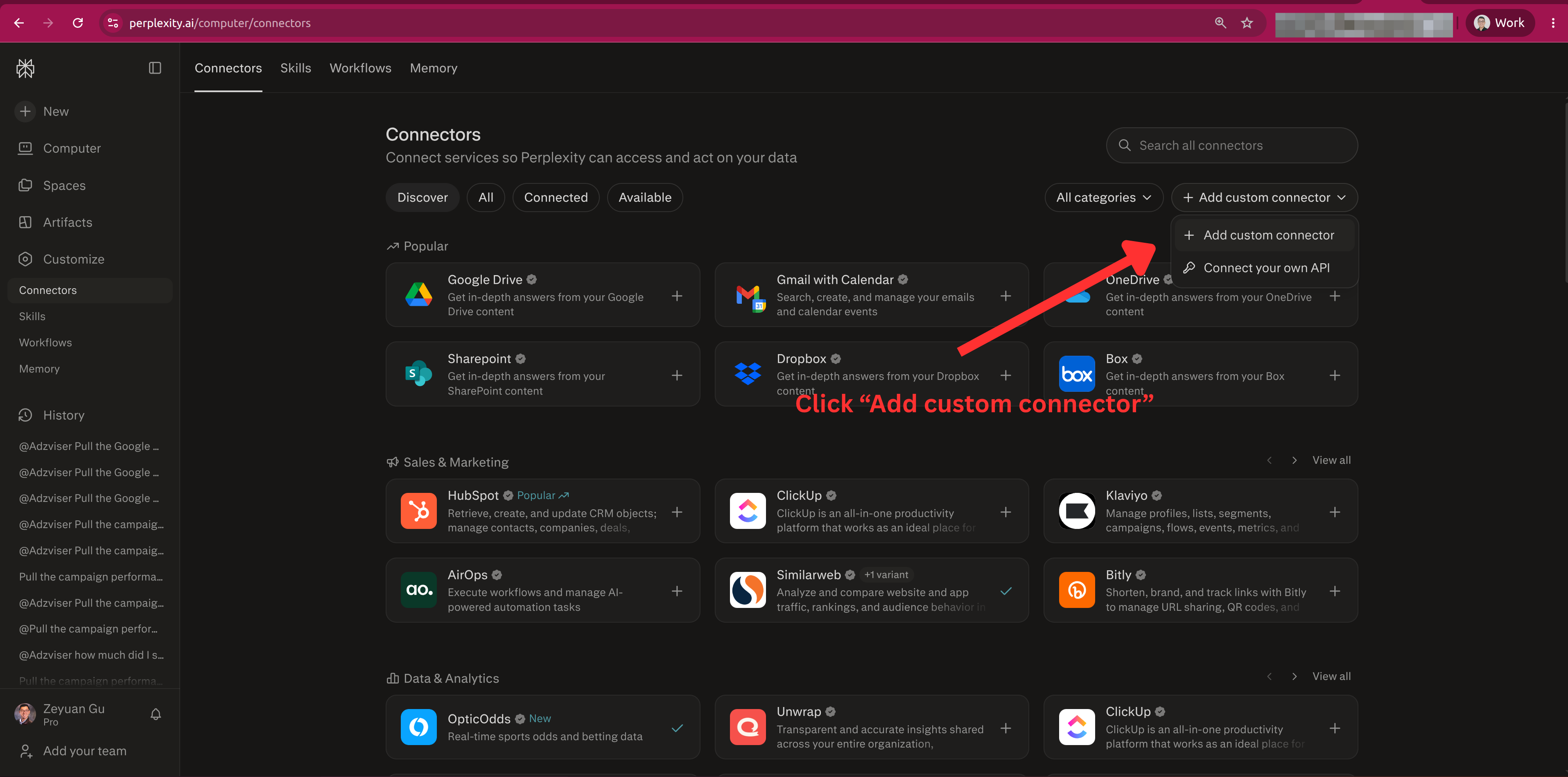 Open Perplexity Connectors and select Add custom connector