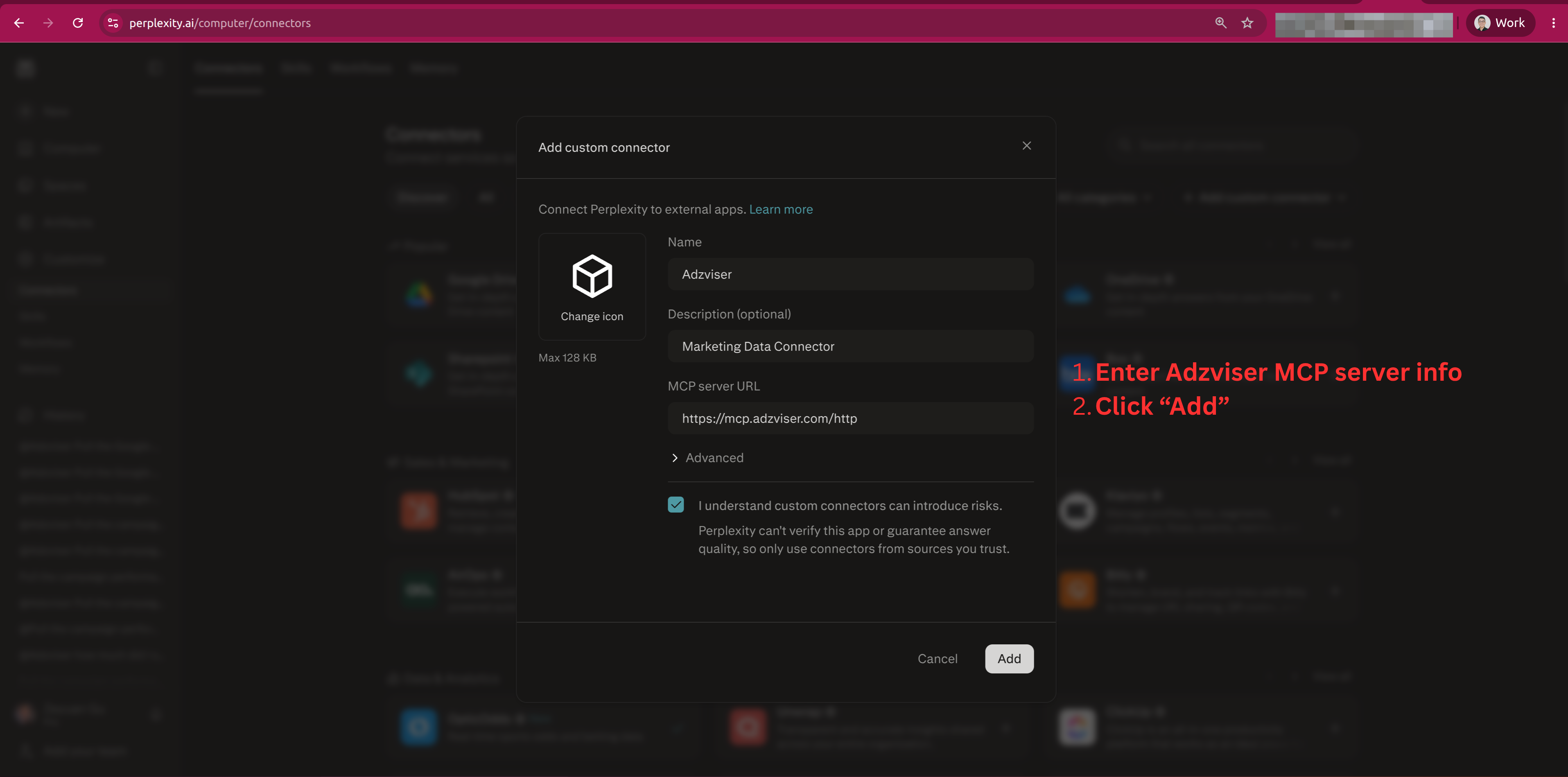Enter the Adzviser name, description, and MCP server URL in Perplexity