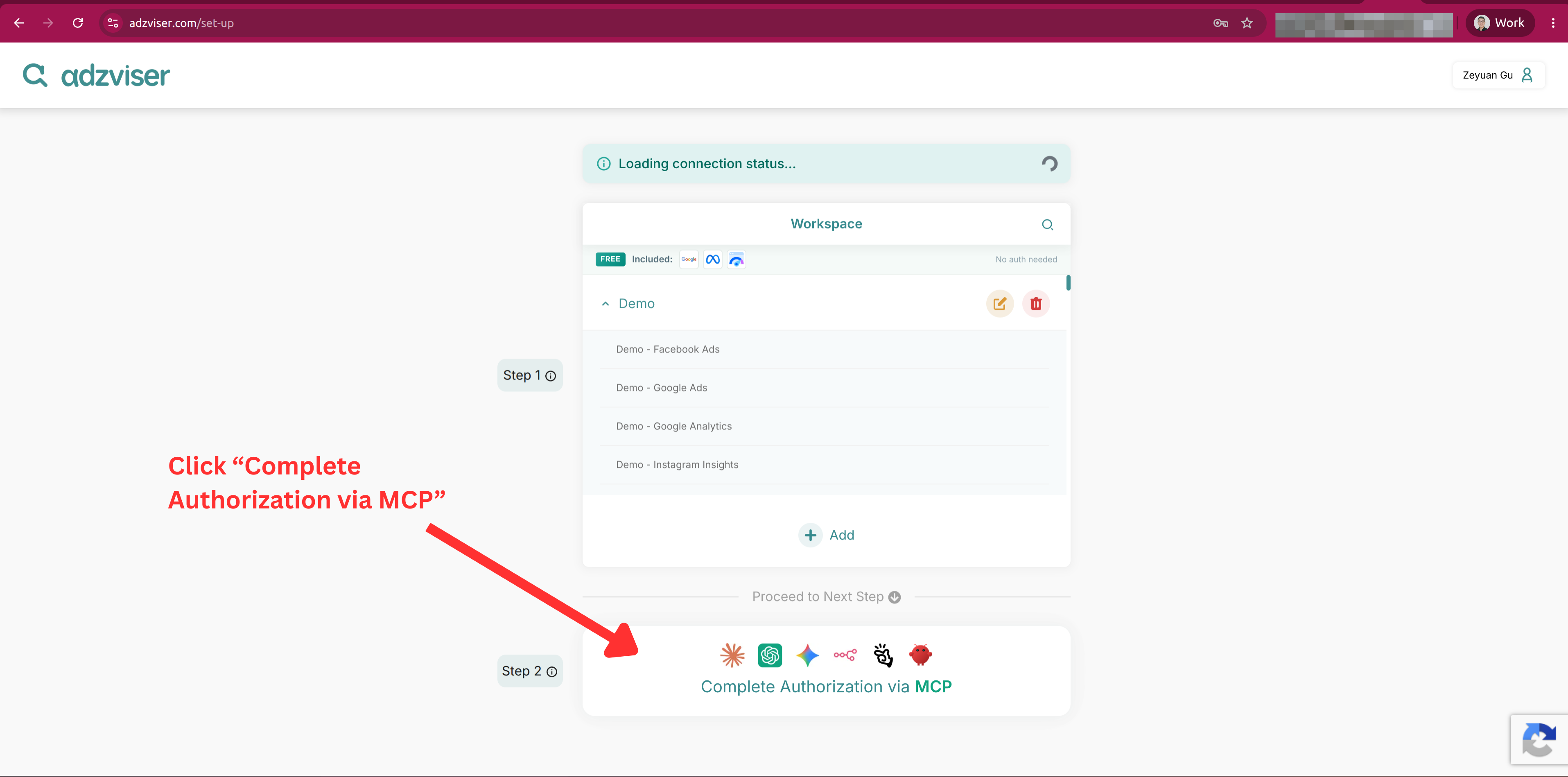 Click Complete Authorization via MCP in Adzviser
