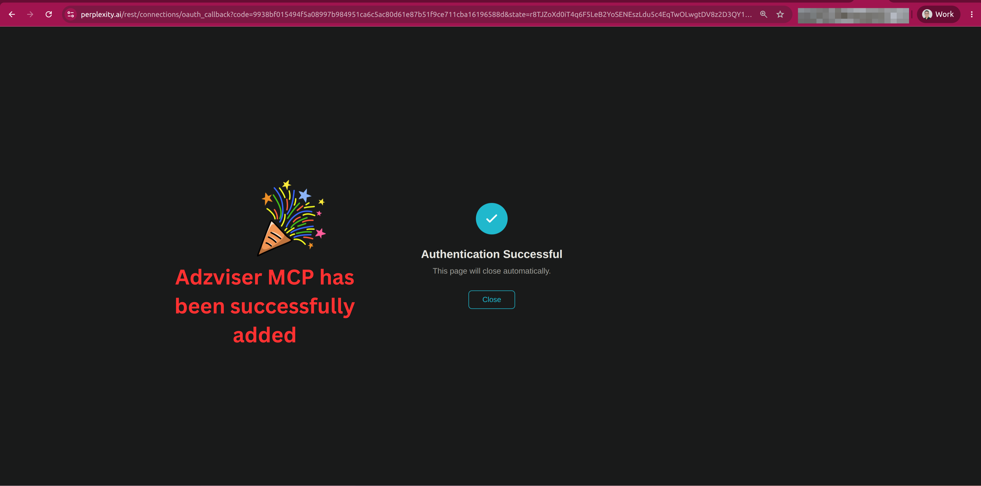 Perplexity confirms that Adzviser authentication was successful