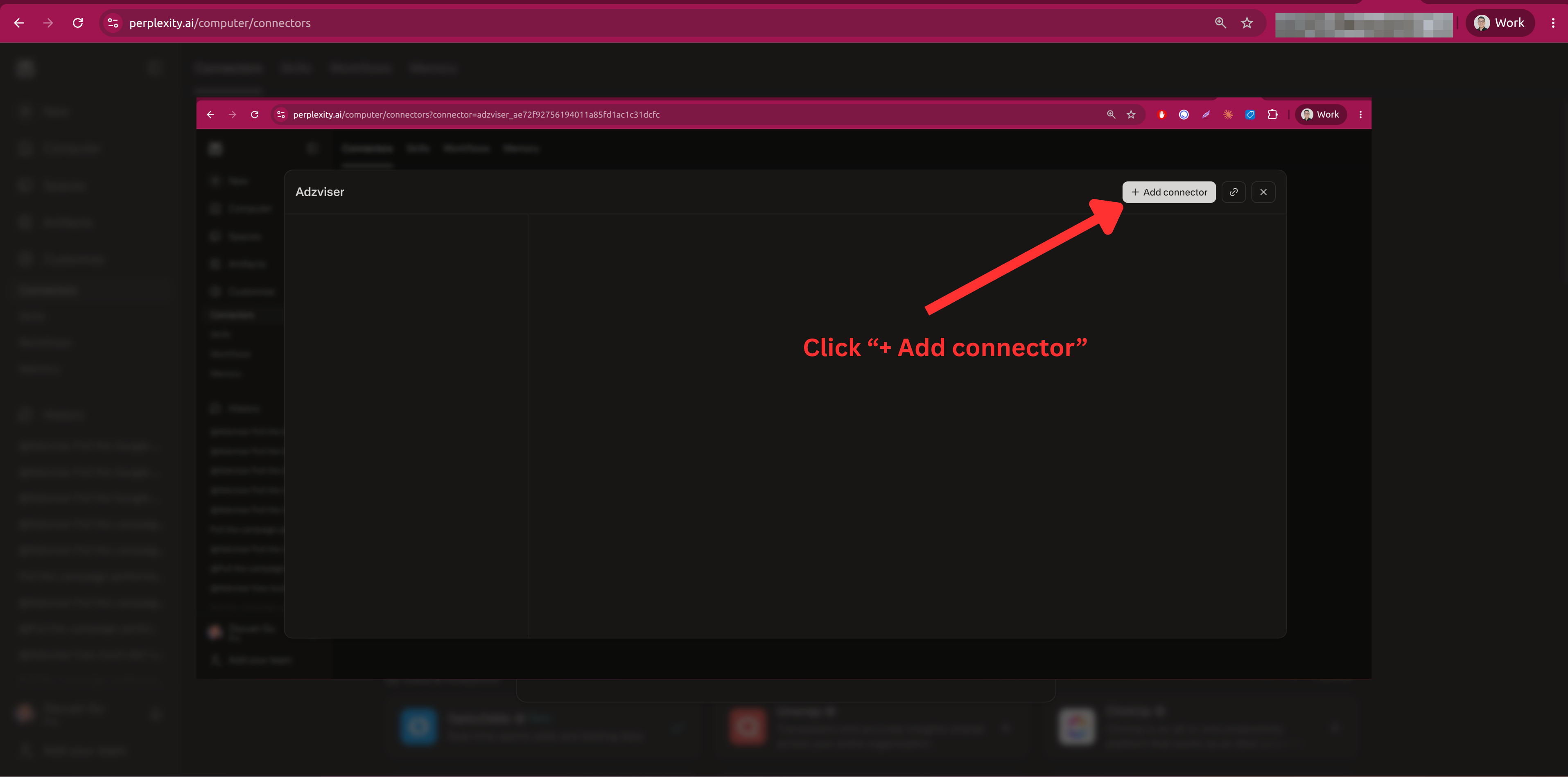 Click Add connector to start Adzviser OAuth from Perplexity